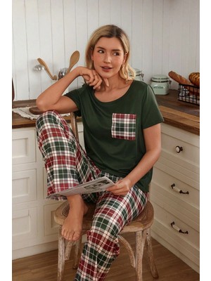 Bella Notte Kadın Cep Detaylı Kısa Kollu Ekoseli Çift Pijaması