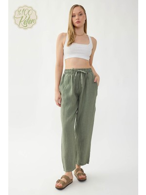 Vitrin %100 Keten Beli Lastikli Cepli Geniş Paça Pantolon