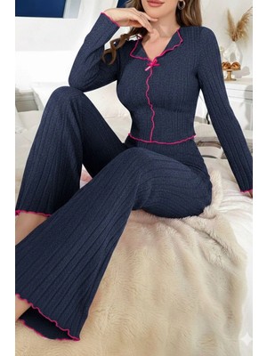 Bella Notte Lacivert Yumuşak Pamuklu Fiyonk Detaylı Uzun Pijama Takımı