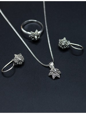 Midyat Nurtaş Gümüş Yöresel Kişniş Hasır Model Işlemeli Bayan Gümüş Kadın Üçlü Set 201025225