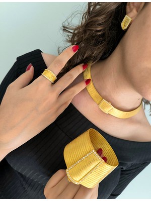 Midyat Nurtaş Gümüş Sıra Taşlı Zirkon Taşlı Altın Kaplama Trabzon Hasırı Kadın Gümüş Dörtlü Set 201025281