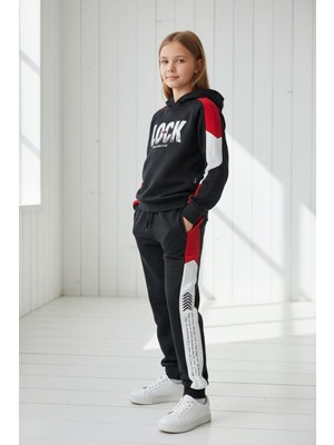 Black Steel Garson Boy Kız Baskılı Kapşonlu Eşofman Takımı