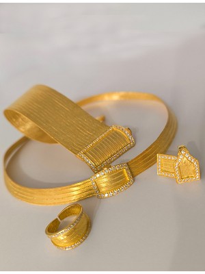 Midyat Nurtaş Gümüş Sıra Taşlı Zirkon Taşlı Altın Kaplama Trabzon Hasırı 5 Sıra Gerdanlık 15 Sıra Bileklik Dörtlü Set