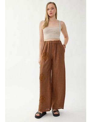 Vitrin %100 Keten Beli Lastikli Çiçek Motifli Pantolon
