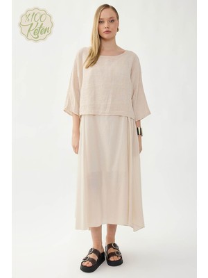 Vitrin %100 Keten Kısa Kol Uzun Elbise