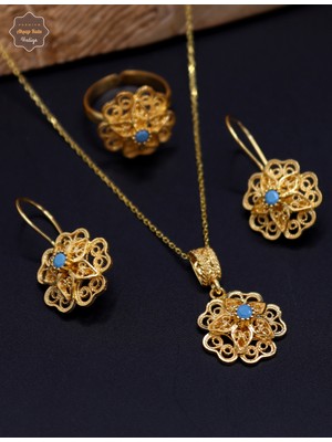 Midyat Nurtaş Gümüş Firuze Taşlı Gül Model Kadın Gold Kaplama 925 Ayar Gümüş Telkari Üçlü Set 201025203