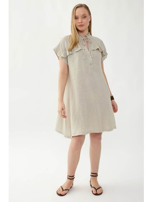 Vitrin %100 Keten Bebe Yaka Sedef Düğmeli Kısa Kol Elbise