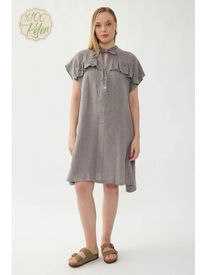 Vitrin %100 Keten Bebe Yaka Sedef Düğmeli Kısa Kol Elbise