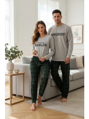 Bella Notte Erkek Yeşil Ekoseli Baskılı Sevgililer Günü Çift Pijama Takımı