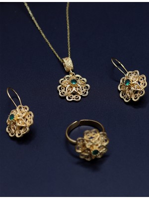 Midyat Nurtaş Gümüş Zümrüt Taşlı Gül Model Kadın Gold Kaplama 925 Ayar Gümüş Telkari Üçlü Set 201025205