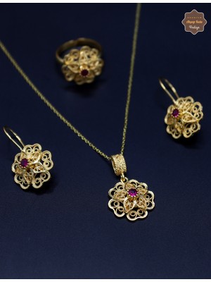 Midyat Nurtaş Gümüş Yakut Taşlı Gül Model Kadın 925 Ayar Gümüş Telkari Üçlü Set 201025206