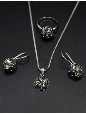 Midyat Nurtaş Gümüş Yöresel Şemsiye Hasır Model Işlemeli Bayan Gümüş Kadın Üçlü Set 201025229