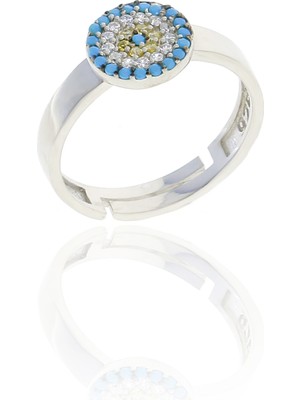 Midyat Nurtaş Gümüş Nazar Boncuğu Düz Tasarım Firuze Zirkon Taşlı Kadın Yüzük (S) 201025064