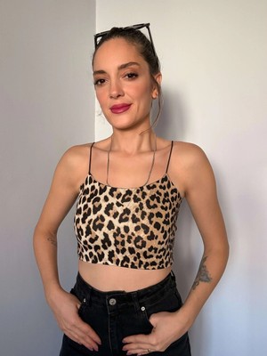 Ali Butik Leopar Desen Ip Askılı Crop Atlet