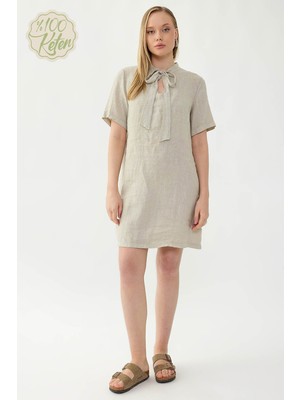 Vitrin %100 Keten Yakası Bağlamalı Kısa Kol Elbise