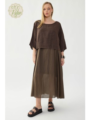 Vitrin %100 Keten Kısa Kol Uzun Elbise