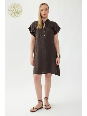 Vitrin %100 Keten Bebe Yaka Sedef Düğmeli Kısa Kol Elbise