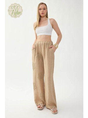 Vitrin %100 Keten Beli Lastikli Çiçek Motifli Pantolon