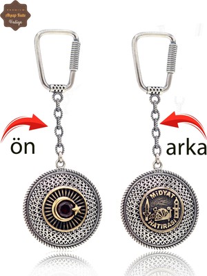 Midyat Nurtaş Gümüş Yakut Taşlı Ayyıldız ve Midyat Hatırası Çift Taraflı Oksitli Gümüş Telkari Anahtarlık 201025172