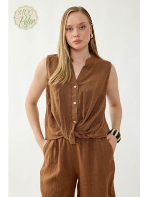 Vitrin %100 Keten Sedef Düğme Önü Büzgülü Bluz