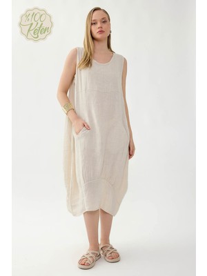 Vitrin %100 Keten Yuvarlak Yaka Sıfır Kol Cepli Elbise