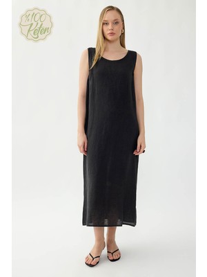 Vitrin %100 Keten Sıfır Kol Uzun Elbise