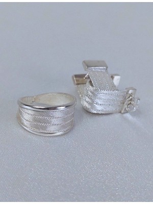 Midyat Nurtaş Gümüş 5 Sıra Katmanlı Trabzon Hasırı Kadın Gümüş Küpe-Yüzük Set 201025272