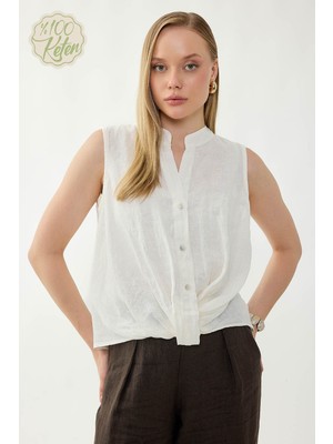 Vitrin %100 Keten Sedef Düğme Önü Büzgülü Bluz