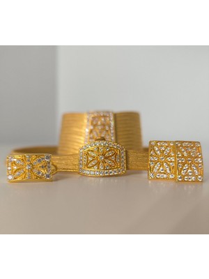 Midyat Nurtaş Gümüş Zirkon Taşlı  Çiçek Motifli Altın Kaplama Trabzon Hasırı Kadın Gümüş Dörtlü Set 201025285