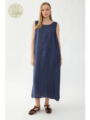 Vitrin %100 Keten Sıfır Kol Uzun Elbise