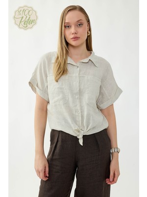 Vitrin %100 Keten Kapak Cepli Önü Bağlamalı Kısa Kol Gömlek