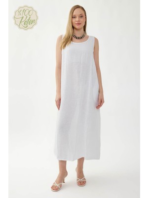 Vitrin %100 Keten Sıfır Kol Uzun Elbise