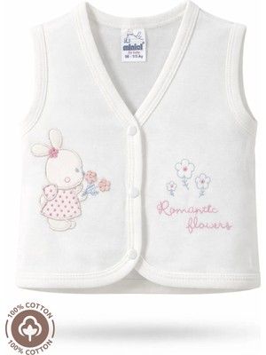 Kız Bebek Çiçekli Ayıcık Nakışlı %100 Organik Pamuklu Penye Bebek Yelek