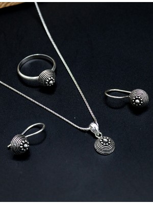 Midyat Nurtaş Gümüş Yöresel Yuvarlak Hasır Desenli Işleme Bayan Gümüş Kadın Üçlü Set 201025222