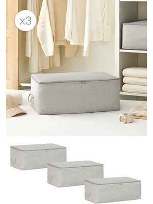 Ocean Home Textile 3 Adet Orta Boy Gri Balıksırtı Baza Altı Kazak Pike Battaniye Hurcu 52 x 28 x 21 cm