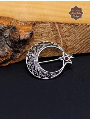 Midyat Nurtaş Gümüş Yakut Taşlı Ay Yıldız Model Telkari Gümüş Kadın Broş 201025201