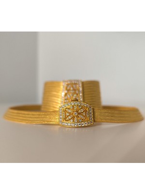 Midyat Nurtaş Gümüş Zirkon Taşlı Çiçek Model Altın Kaplama Trabzon Hasırı 5 Sıra Gerdanlık 13 Sıra Bileklik Ikili Set