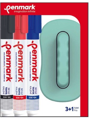 Penmark Beyaz Tahta Kalemi (Siyah - Kırmızı - Mavi) 3 Lü Set + Silgi 305-TK3S
