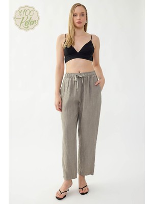 Vitrin %100 Keten Beli Lastikli Cepli Geniş Paça Pantolon