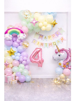 Bkmc Party Yaş Balonlu Unicorn Temalı Pastel Doğum Günü Süsleme Seti Balon Zincirli Deluxe Parti Seti Konsepti