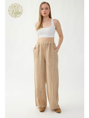 Vitrin %100 Keten Beli Lastikli Çiçek Motifli Cepli Pantolon