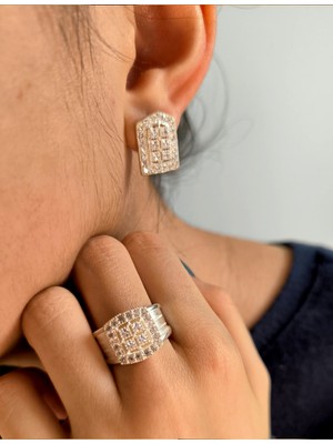 Midyat Nurtaş Gümüş Zirkon Taşlı Prenses Model Trabzon Hasırı Kadın Gümüş Küpe-Yüzük Set 201025276