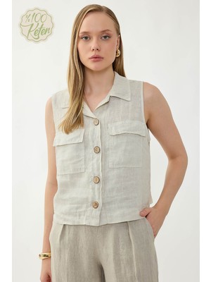 Vitrin %100 Keten Kapak Cepli Düğmeli Gömlek