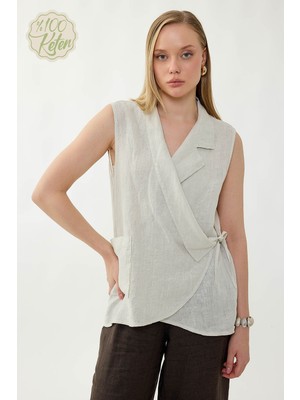 Vitrin %100 Keten Kruvaze Yaka Bağlamalı Bluz