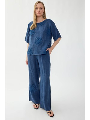 Vitrin %100 Keten Çiçek Motifli Kısa Kol Bluz