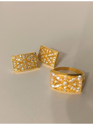 Midyat Nurtaş Gümüş Çiçek Zirkon Taşlı  Altın Kaplama Trabzon Hasırı Kadın Gümüş Küpe-Yüzük Set 201025280