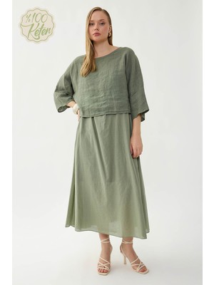 Vitrin %100 Keten Kısa Kol Uzun Elbise