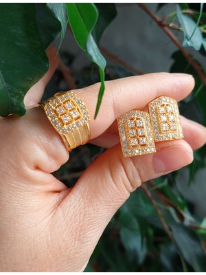 Midyat Nurtaş Gümüş Zirkon Taşlı Prenses Model Altın Kaplama Trabzon Hasırı Kadın Gümüş Küpe-Yüzük Set 201025271