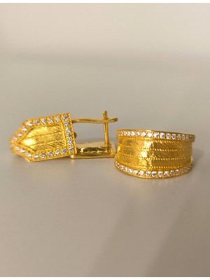 Midyat Nurtaş Gümüş Zirkon Taşlı Altın Kaplama Trabzon Hasırı Kadın Gümüş Küpe-Yüzük Set 201025279