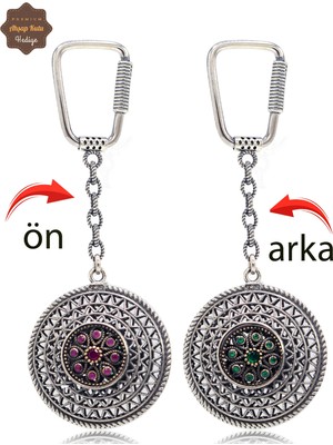 Midyat Nurtaş Gümüş Yakut ve Zümrüt Taşlı Zikzak Model Çift Taraflı Oksitli Gümüş Telkari Anahtarlık 201025180